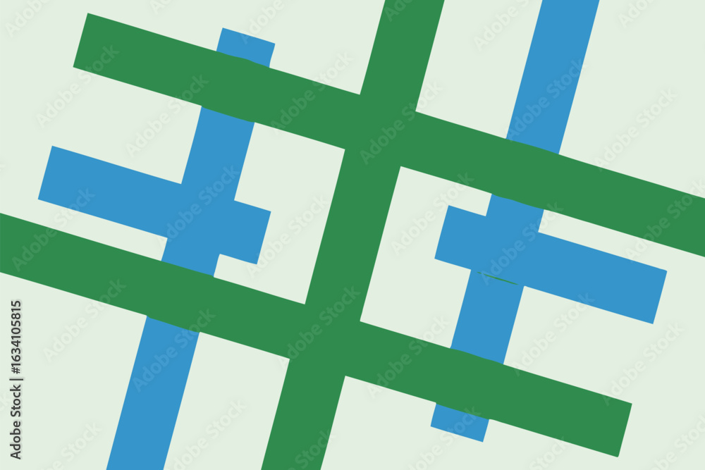 Poster an abstract arrangement of intersecting green and blue rectangular shapes on a light background surf