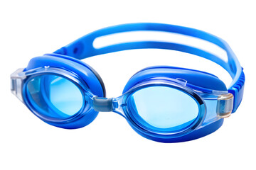 Blue swimming goggles with clear lenses and adjustable strap, isolated on transparent background