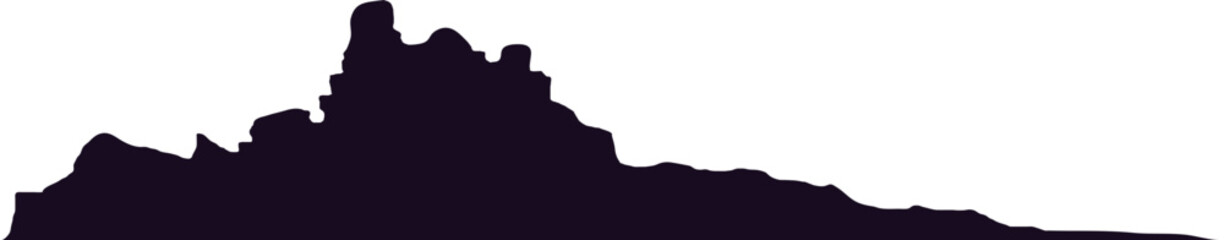 Courthouse Butte stands tall against a clear sky, its imposing silhouette creating a dramatic contrast against the bright backdrop, capturing the essence of the Arizona desert landscape
