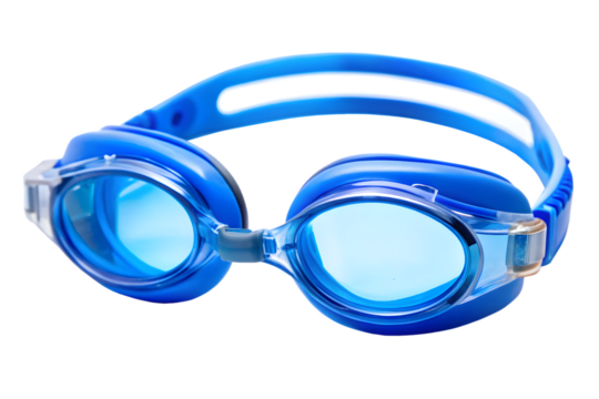 Blue swimming goggles with clear lenses and adjustable strap, isolated on transparent background