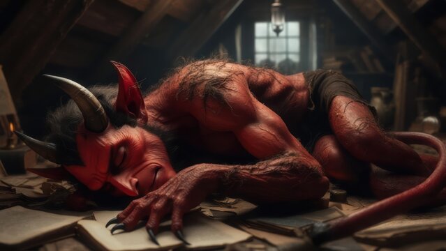 Crimson Demon Slumbers Amidst Ancient Texts - Powered by Adobe