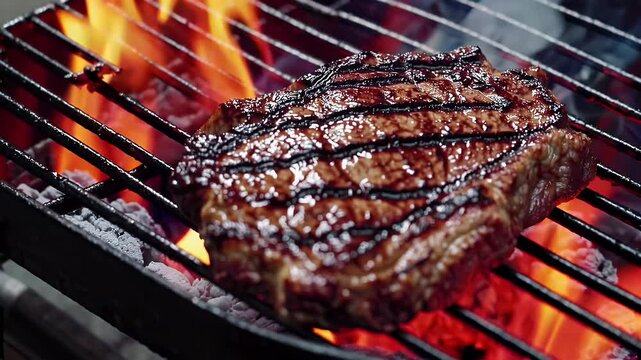 Lively 4K UHD close up footage capturing a juicy beef steak sizzling on a hot grill over fiery coals with flames and smoke adding dramatic flair creating a mouthwatering barbecue scene perfect for