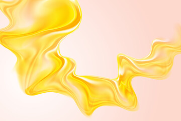Fluid yellow neon glow futuristic flowing wave form, iridescent holographic liquid water splash design element, light pink gradient background