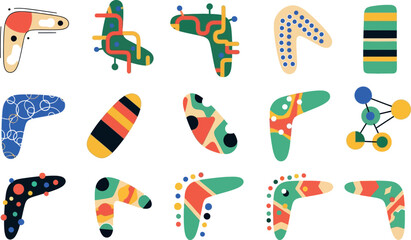 Collection of colorful boomerang and abstract shape illustrations on a white background pattern design