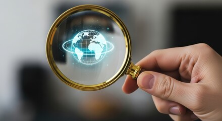 Global research and digital analysis concept with a magnifying glass over a glowing world hologram