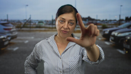 Woman points finger to camera while making a loser hand gesture on a city street; mockery contempt.