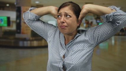 Middle aged hispanic woman in blue striped shirt covers her ears at airport terminal with tense...