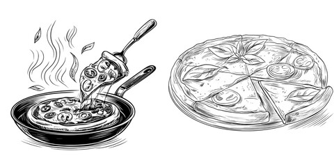 Hot pizza fresh from the oven depicted in a modern hand drawn engraving style illustration