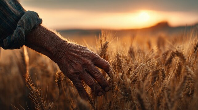 A weathered hand gently caresses golden wheat stalks in a sun-drenched field at sunset, symbolizing harvest and agricultural prosperity.