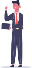 Smiling businessman in suit holding tablet and raising index finger showing number one, full body, simple style vector illustration isolated on white background