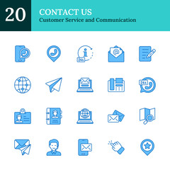 Contact Us Blue Fill Outline Icon Sheet Design Vector - phone, email, live support, paper mail, online contact forms, address books, and global messaging