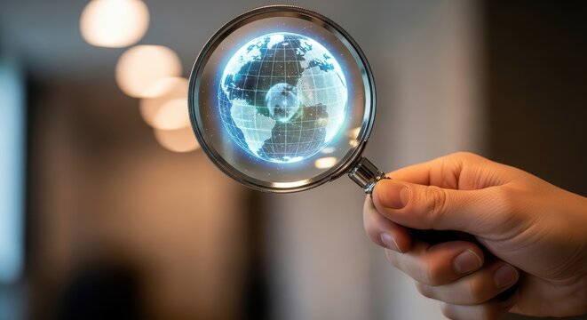 Magnifying glass examining a 3D holographic globe with grid lines, symbolizing global research and analysis