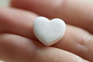 Fototapeta premium Small white heart-shaped candy held in a hand, symbolizing love and affection at a celebratory event