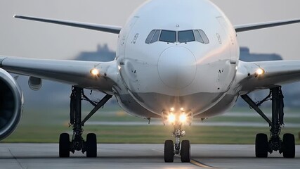 Front view of a modern large passenger jet aircraft taxiing on the airport tarmac with its bright powerful landing lights on for a morning flight or after - Powered by Adobe