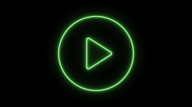 glowing Neon video media player button icon animation on a black background 4k