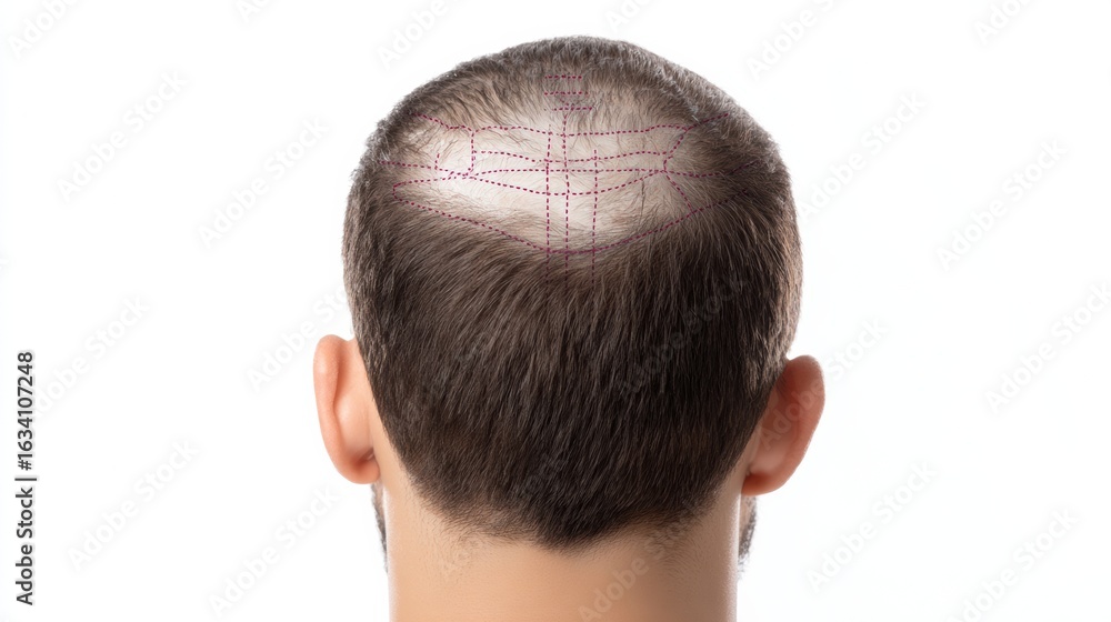 Poster scalp tightening procedure diagram illustrating upper head with marked lines against a white backgro