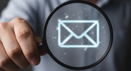Person holding a magnifying glass focusing on a glowing email icon for digital communication analysis