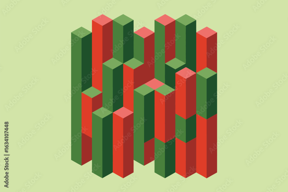 Poster isometric view of red and green rectangular prisms arranged in a grid pattern on a light green backg