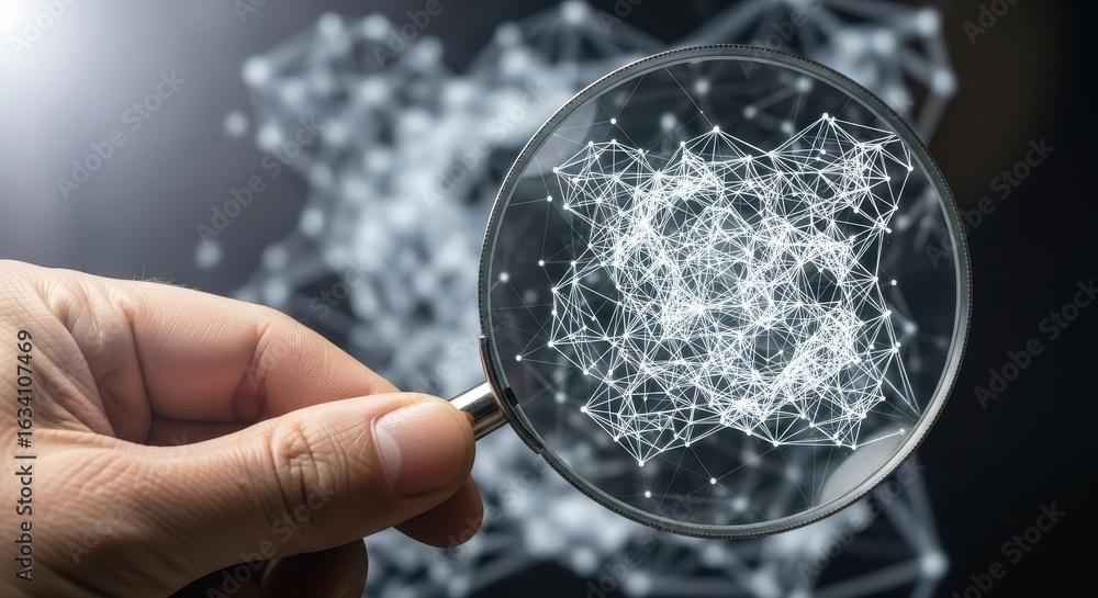 Aufkleber a hand holding a magnifying glass while analyzing a complex digital data network structure.