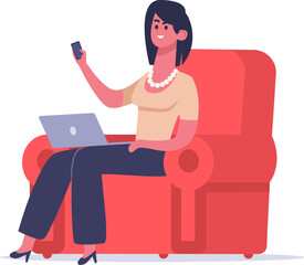 Smiling businesswoman wearing pearl necklace using laptop and smartphone while sitting comfortably on red armchair, representing modern work life balance and remote work