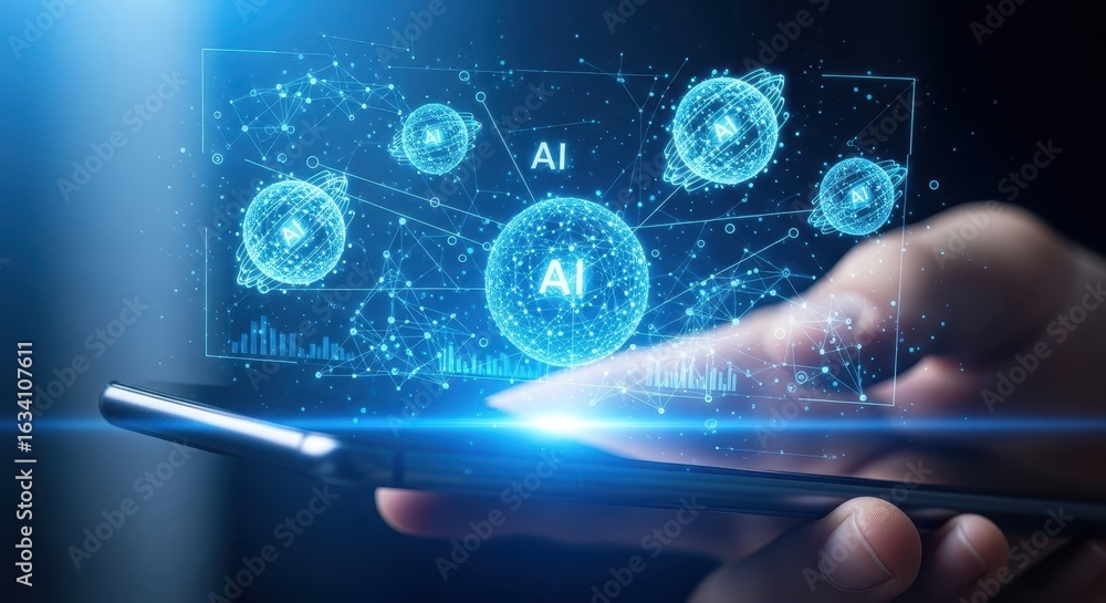 Poster hand interacting with artificial intelligence network on a holographic display from a mobile phone.