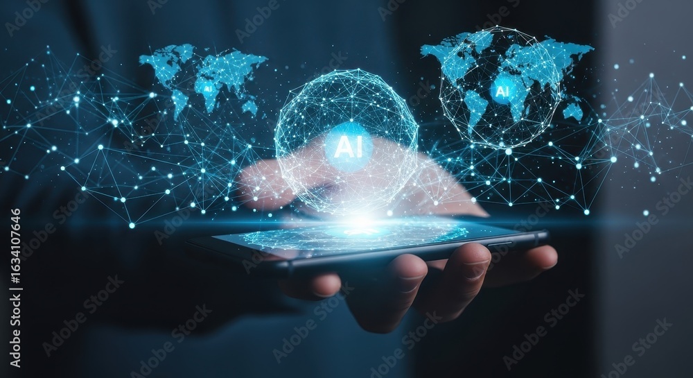 Poster a hand holding a smartphone projecting a glowing ai neural network and global data connections.
