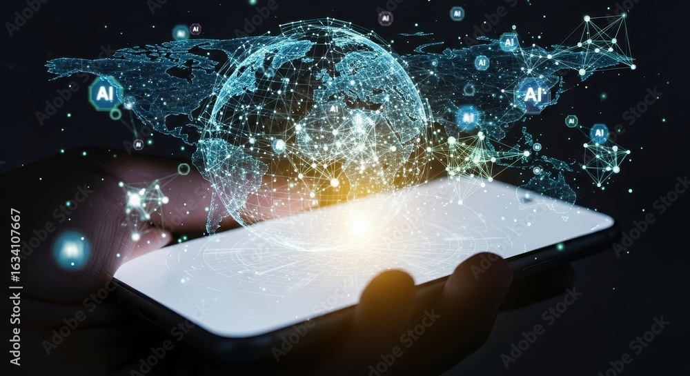 Poster smartphone ai data grid a hand holding a mobile device with global network