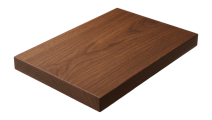 Wooden rectangular cutting board with a smooth, polished surface and natural grain patterns, on transparent background.