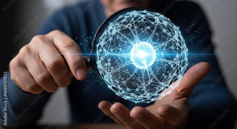Poster magnifying the future exploring a glowing hologram of a neural network node