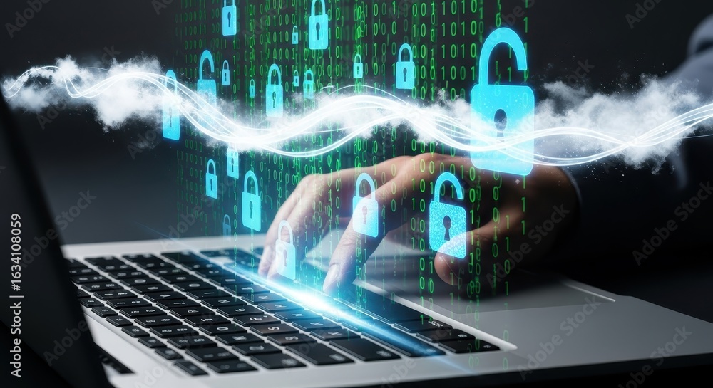 Poster cybersecurity expert working on a laptop with holographic data protection and binary code