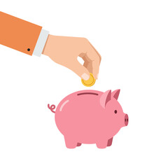 Hand Putting a Coin into a Pink Piggy Bank