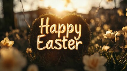 Happy Easter on moss heart surrounded by white flowers and grass in warm sunshine. Heart shape says Happy Easter, conveying festive greetings during springtime celebrations