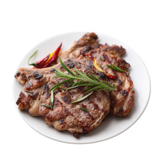 Deliciously grilled meat served on a white plate, garnished with sprigs of fresh rosemary and red chili for a flavorful presentation.