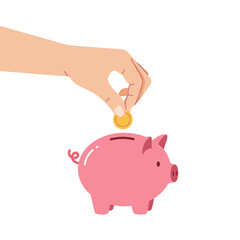 Hand Inserting a Coin into a Pink Piggy Bank