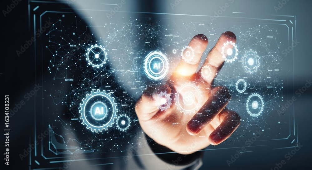 Poster hand interacting with a glowing holographic interface displaying ai automation and network systems.