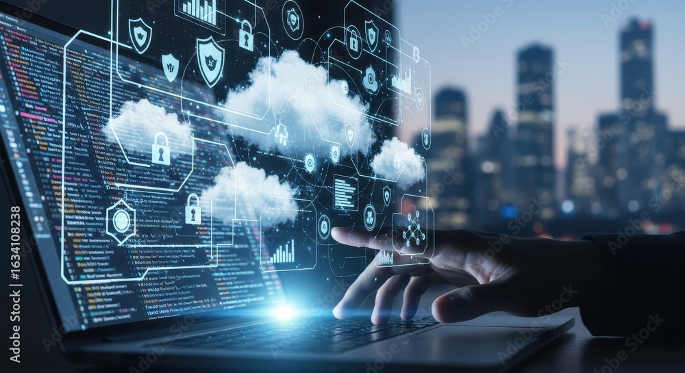 Poster envisioning secure digital future hand interacting with cloud data management and cybersecurity on a
