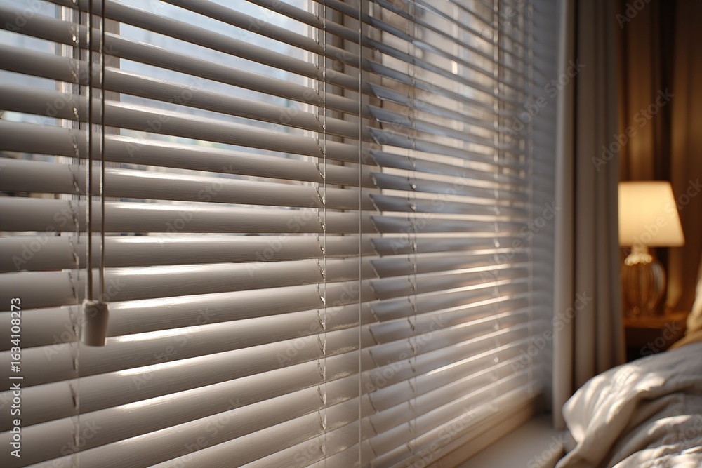 Poster light filters through blinds in a cozy bedroom at dawn creating a warm and inviting atmosphere for t