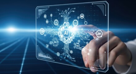 A hand interacting with a holographic AI interface showing a glowing neural network and data icons.