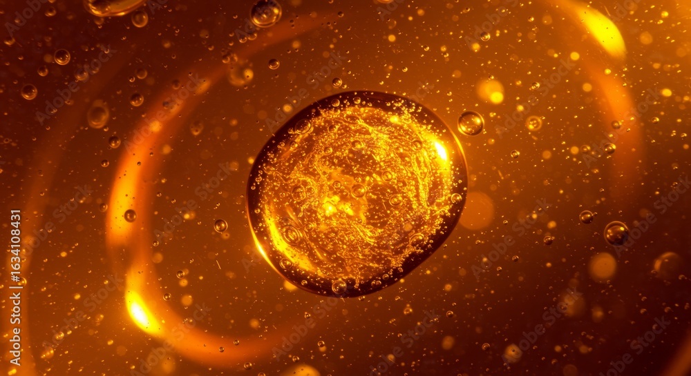 Poster close-up of a brilliant golden orb in a dynamic liquid with bubbles and light reflections