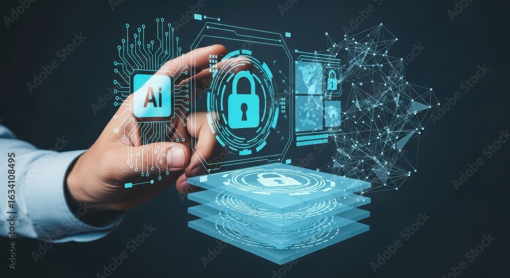 Aufkleber human hand interacting with advanced ai security interface, safeguarding digital data networks.