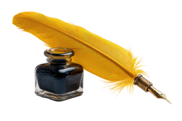 A golden quill pen beside a small inkwell