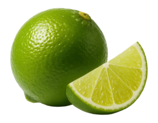 Fresh whole lime with a juicy lime wedge showcasing vibrant green color on transparent background.