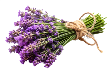 A fresh bunch of purple lavender flowers tied with twine, isolated on a transparent background, symbolizing nature and aromatherapy