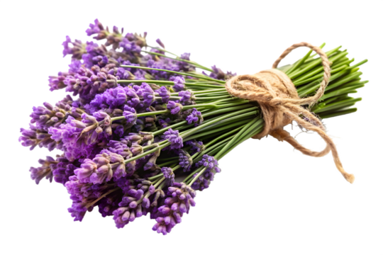A fresh bunch of purple lavender flowers tied with twine, isolated on a transparent background, symbolizing nature and aromatherapy
