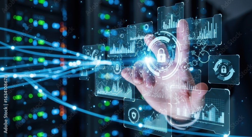 Poster hand touching a virtual interface with a padlock icon for network data security and analysis