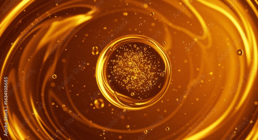 Poster golden fluid dynamics with bubbles creating a vibrant abstract background for creative designs