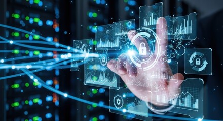 Hand touching a virtual interface with a padlock icon for network data security and analysis
