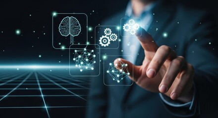 Fototapeta premium Businessman's hand touching a holographic interface with AI and automation technology icons.