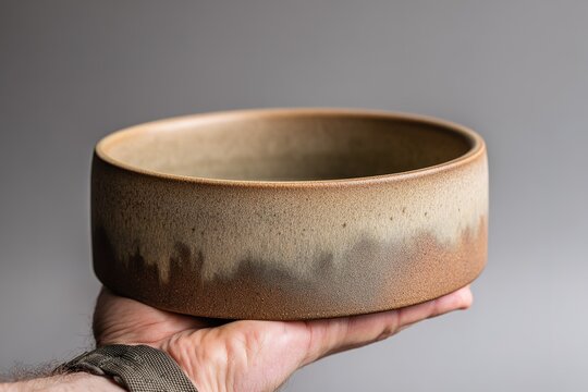 Ceramic bowl held by hand showcases earthy tones and smooth texture during pottery demonstration