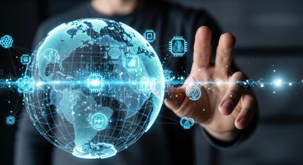 A hand reaching towards a holographic globe filled with flowing digital lines and network icons